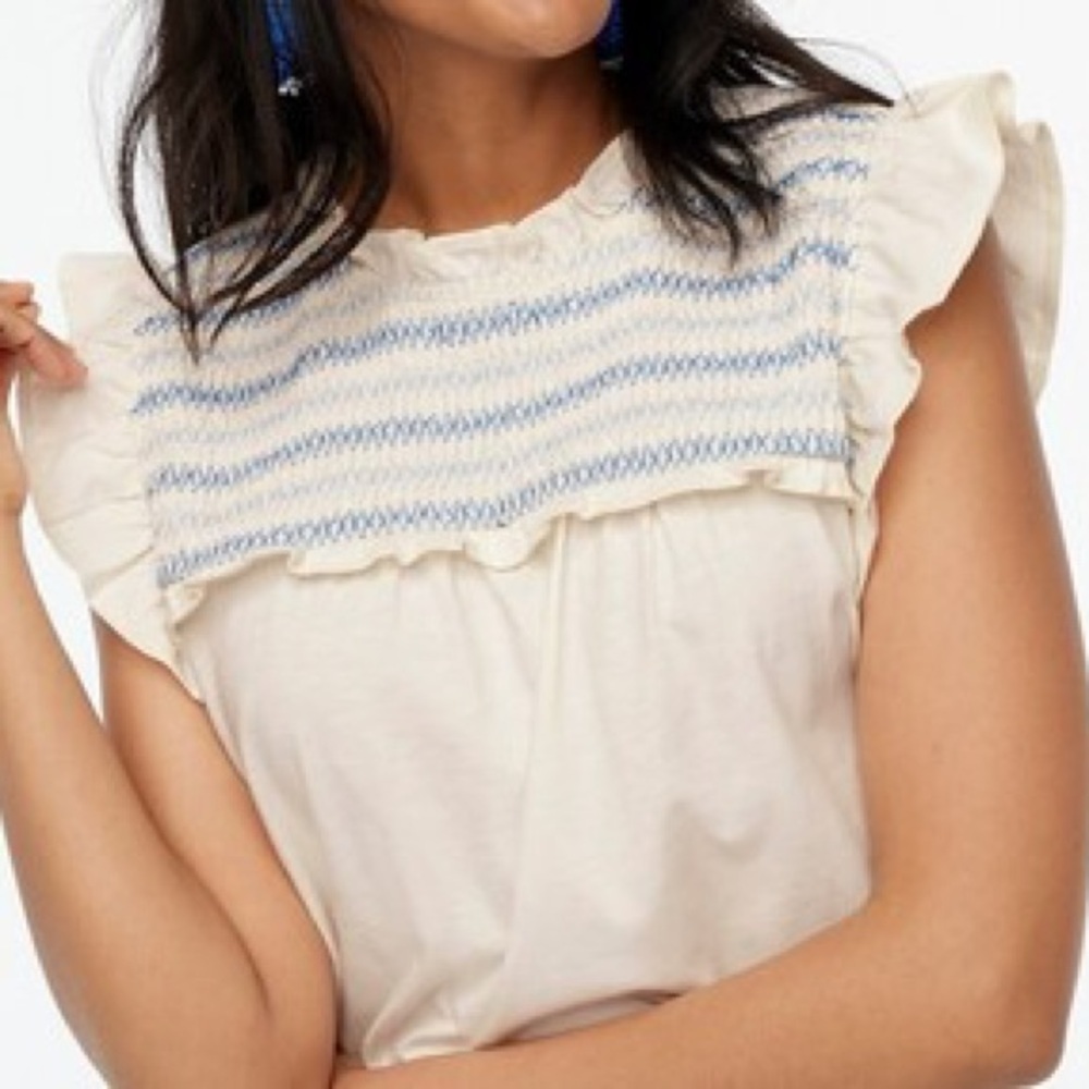 J. Crew Ruffle-Sleeve Smocked Top Size Large Embroidered Blue White Boho beach